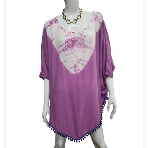 Gypsy 05 Purple/White Pom Pom Trim Poncho - Picture 1 of 2